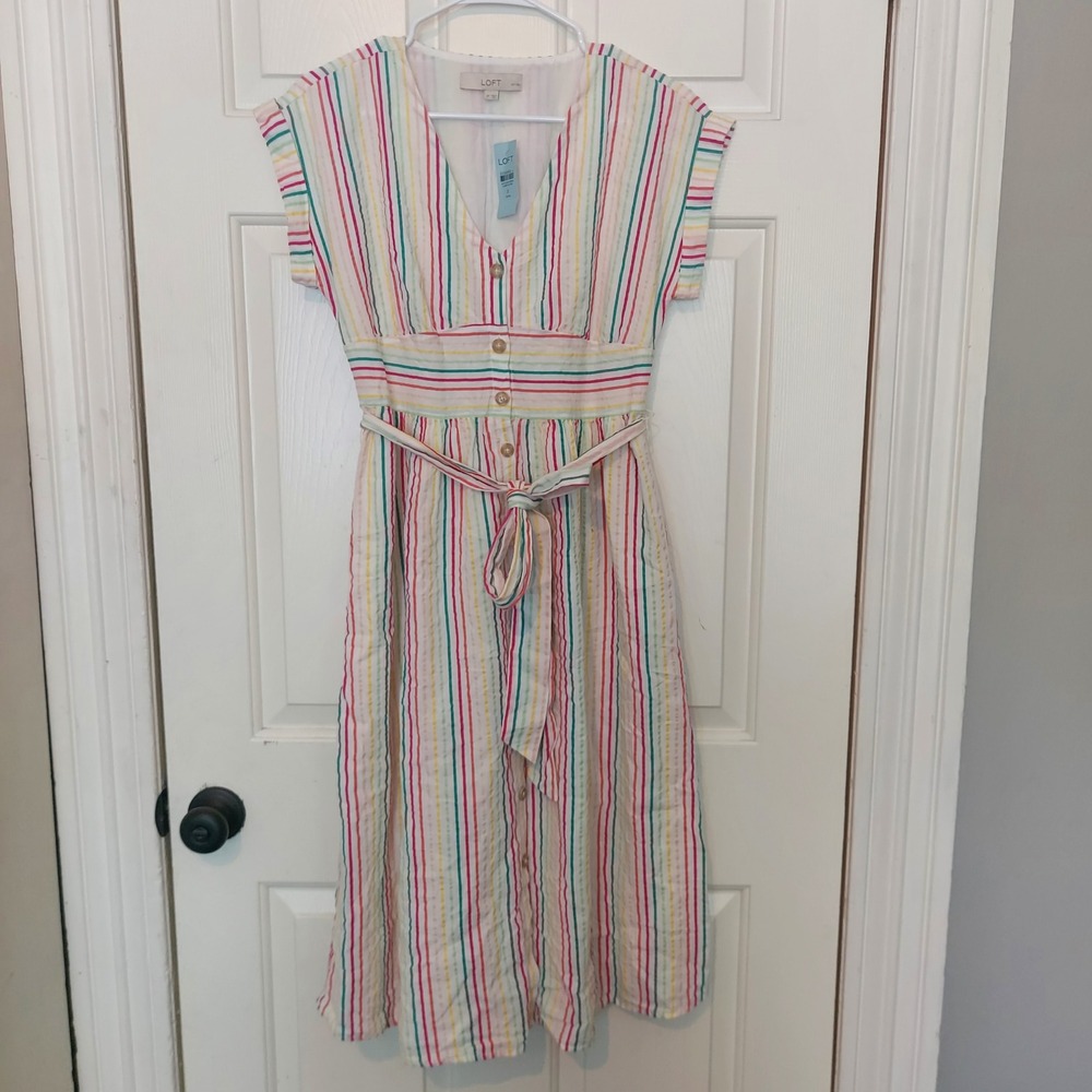 LOFT Petites Rainbow Striped Cotton Midi Dress White Multi 2P NWT